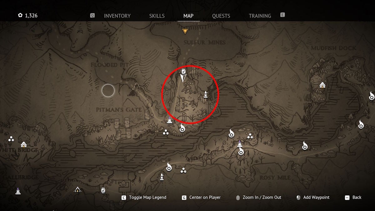 Carte montrant la zone entourant le passage bloqué dans la mission Poudre et Acier dans Flintlock : Le Siège de l'Aube.