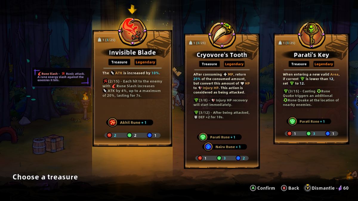 Trois choix de trésors abandonnés par un boss dans Lost Castle 2.