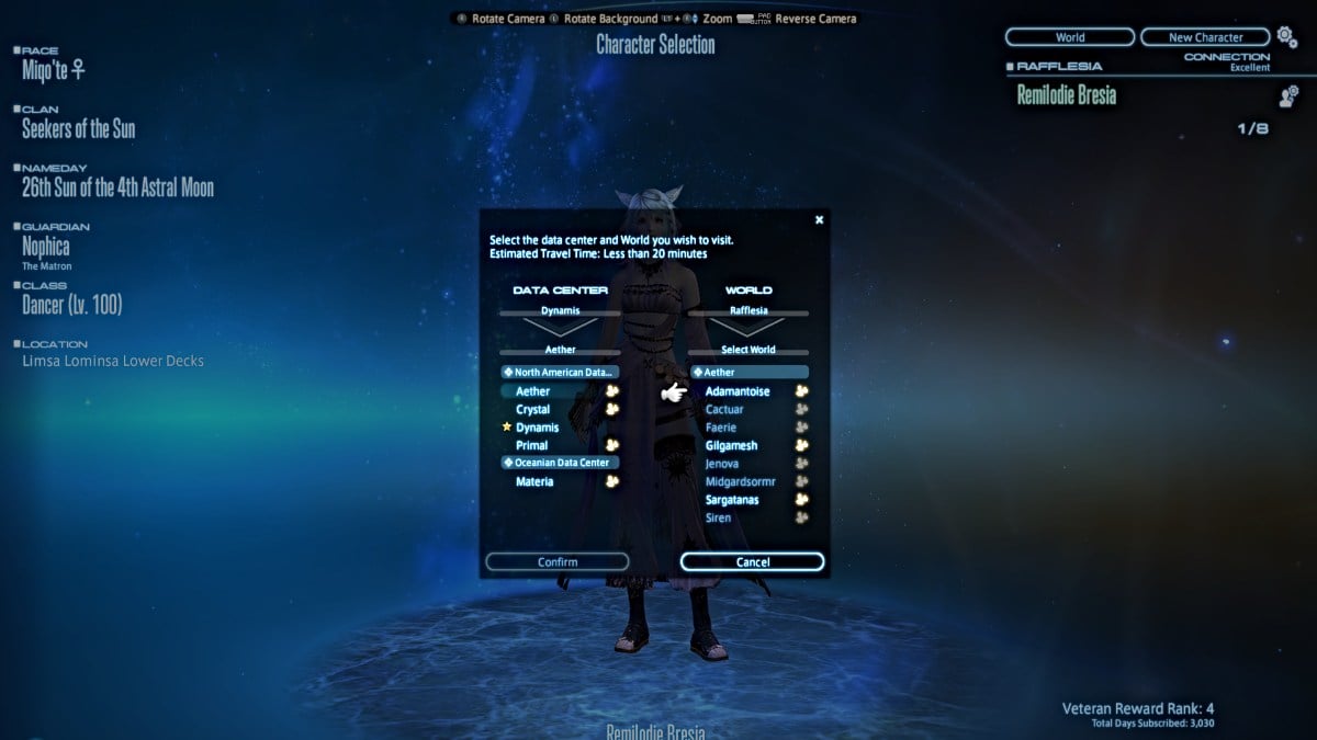 Sous-menu de voyage du centre de données dans Final Fantasy XIV