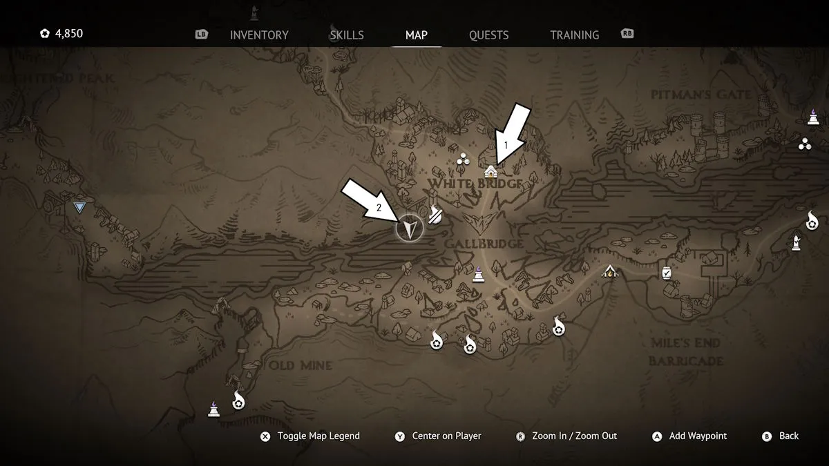Carte du crâne de voyage de la faille pour atteindre le pic éclairé dans Flintlock : Siege of Dawn.