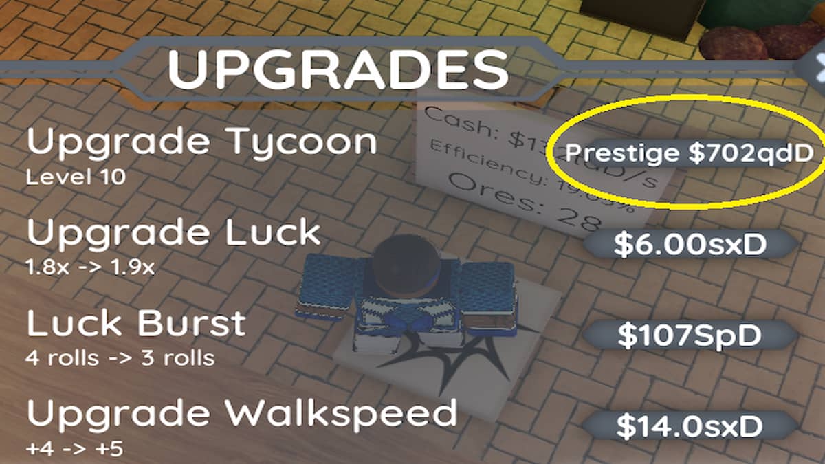 L'option Prestige dans Tycoon RNG