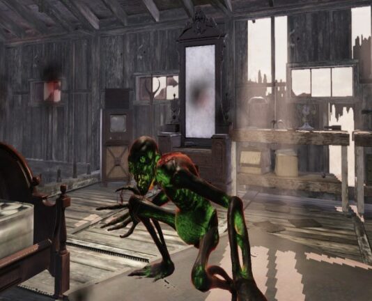 Fighting a glowing Wendigo at Appalachian Antiques in Fallout 76.