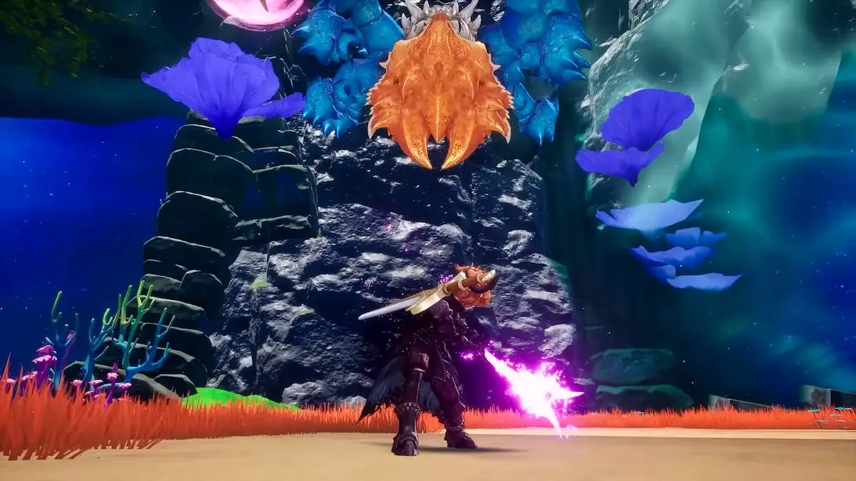 Val utilise l'énergie violette pour attirer un ennemi vers lui dans Visions of Mana.