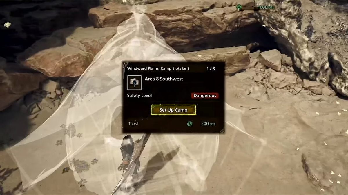 Un chasseur installant un camp éphémère dans Monster Hunter Wilds.