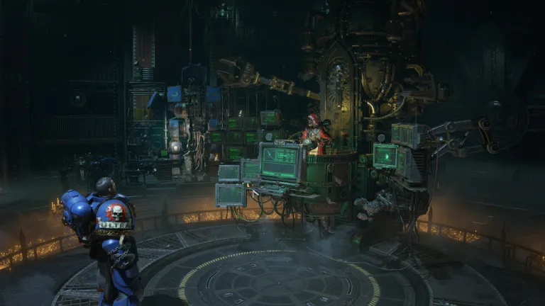 the protagonist of Warhammer 40K: Space Marine 2 standing in the armory.