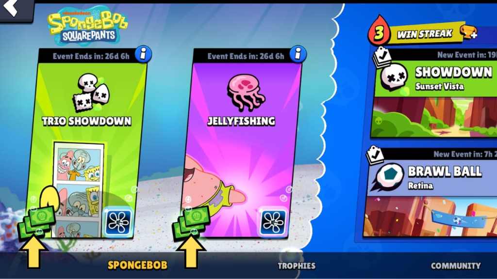 Une petite icône Krusty Cash sur les pages des événements Trio Showdown et Jellyfishing dans Brawl Stars