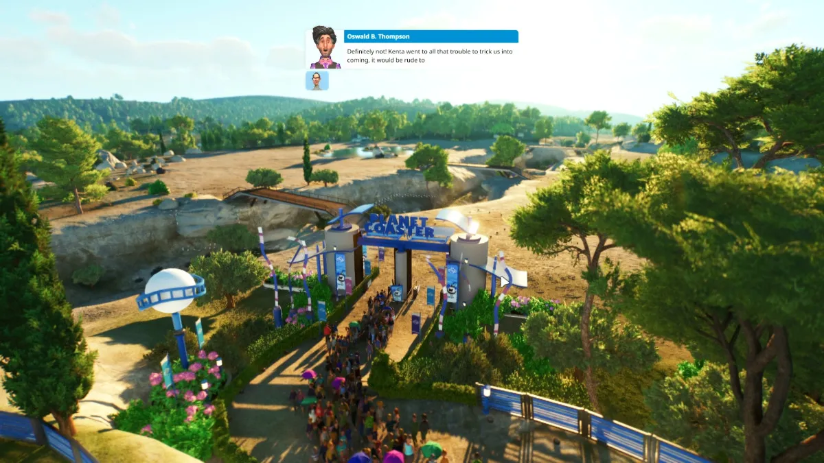 l'entrée du parc dans Planet Coaster 2 avec le dialogue des personnages occupant le centre supérieur de l'écran.