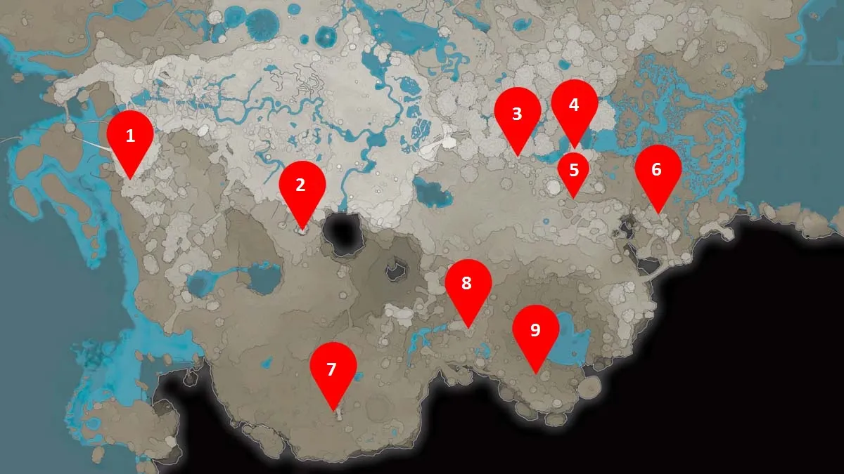 Tous les emplacements de minerai SAM de la carte du Sud à Satisfactory