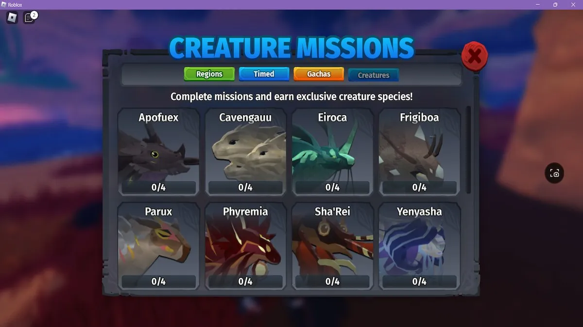 Huit des créatures que vous pouvez obtenir grâce aux missions de créatures dans Creatures of Sonaria.