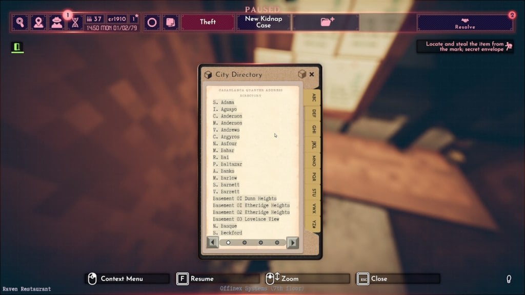 L'interface du répertoire de la ville dans Shadows of Doubt.