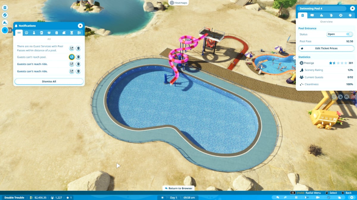 construire une piscine entourée de sable dans Planet Coaster 2