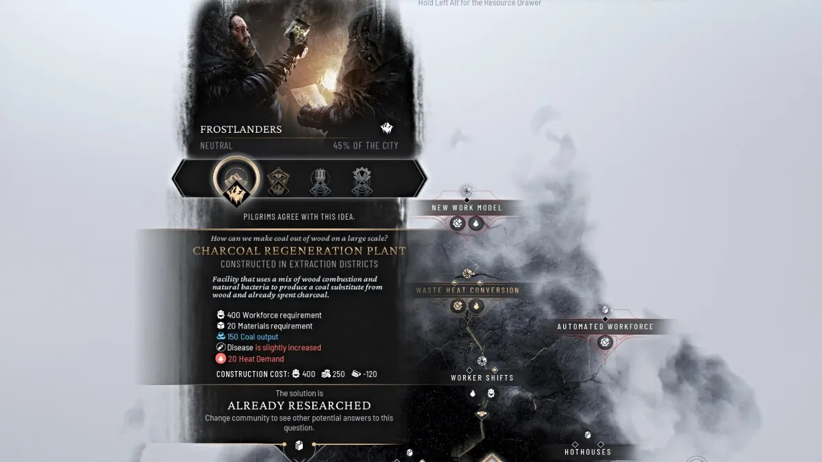 Idée d'usine de régénération de charbon de bois dans Frostpunk 2