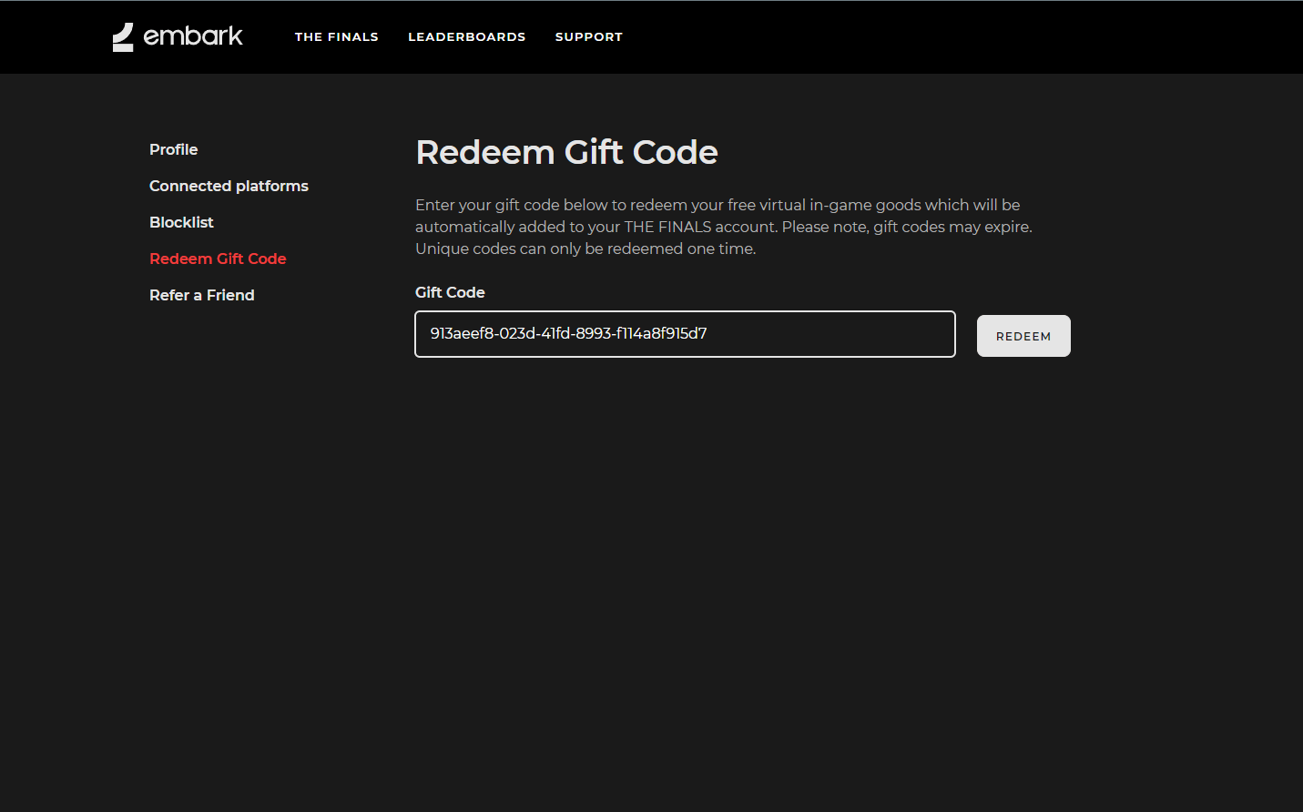 Échanger un code cadeau sur le site Web Embark