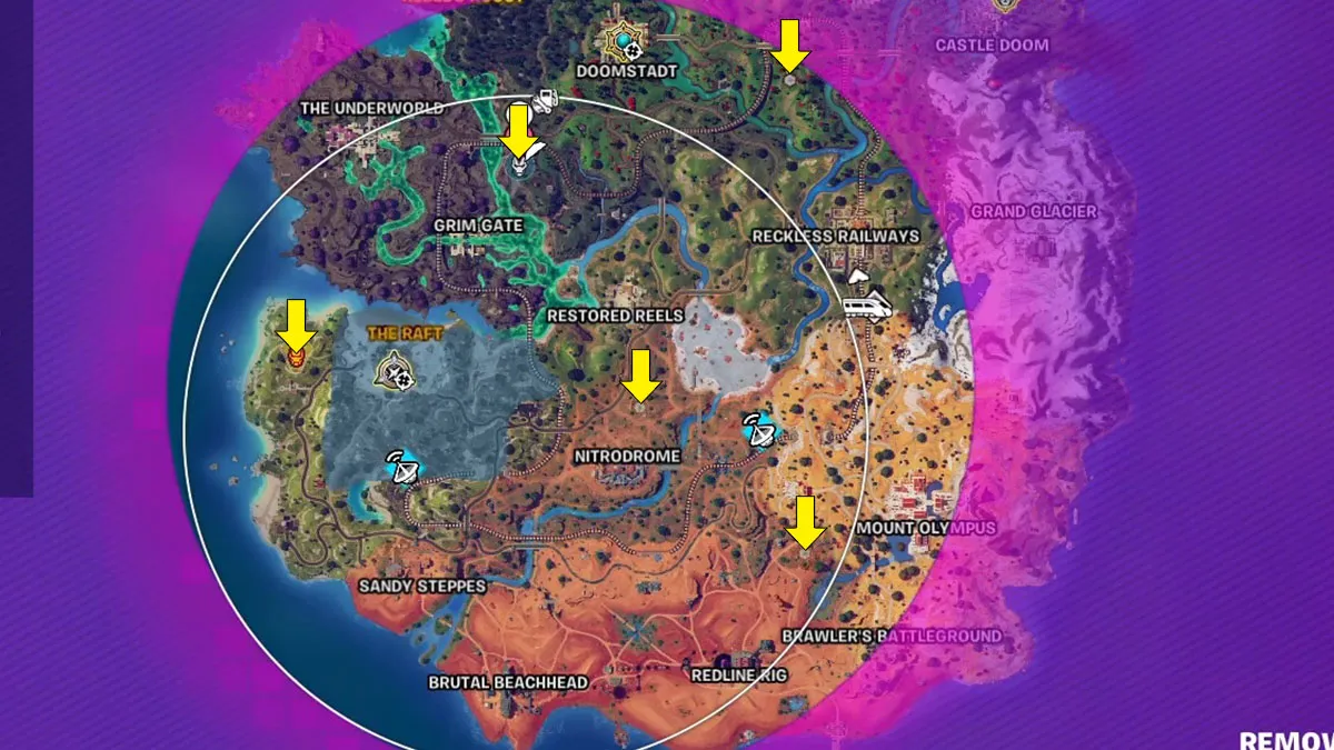 Carte Fortnite avec emplacements du stand d'armure et du coffre industriel Stark