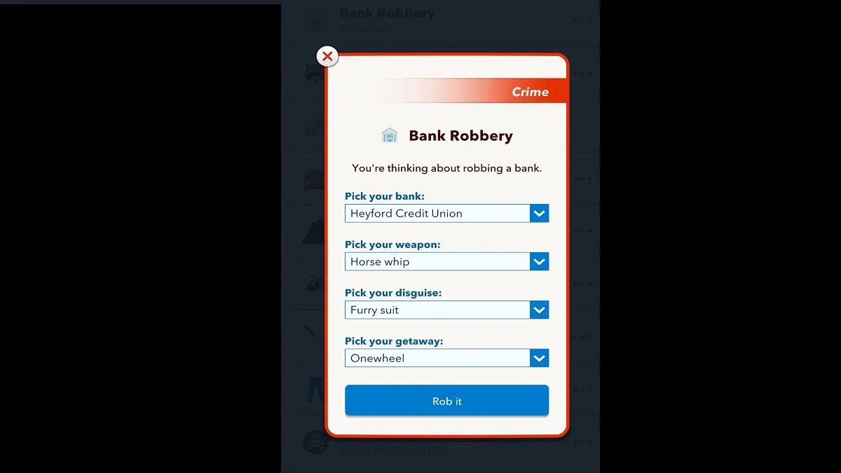 Menu de braquage de banque BitLife avec costume en fourrure