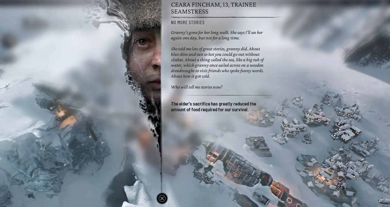 Interlude de personnage pendant le jeu dans Frostpunk 2