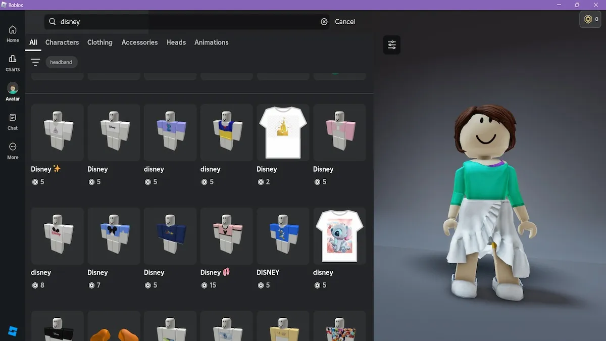 Articles Disney sur Roblox Marketplace.