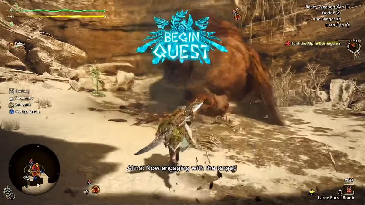 Une quête de chasse aux monstres commençant dans Monster Hunter Wilds en lançant un tonneau sur un monstre.