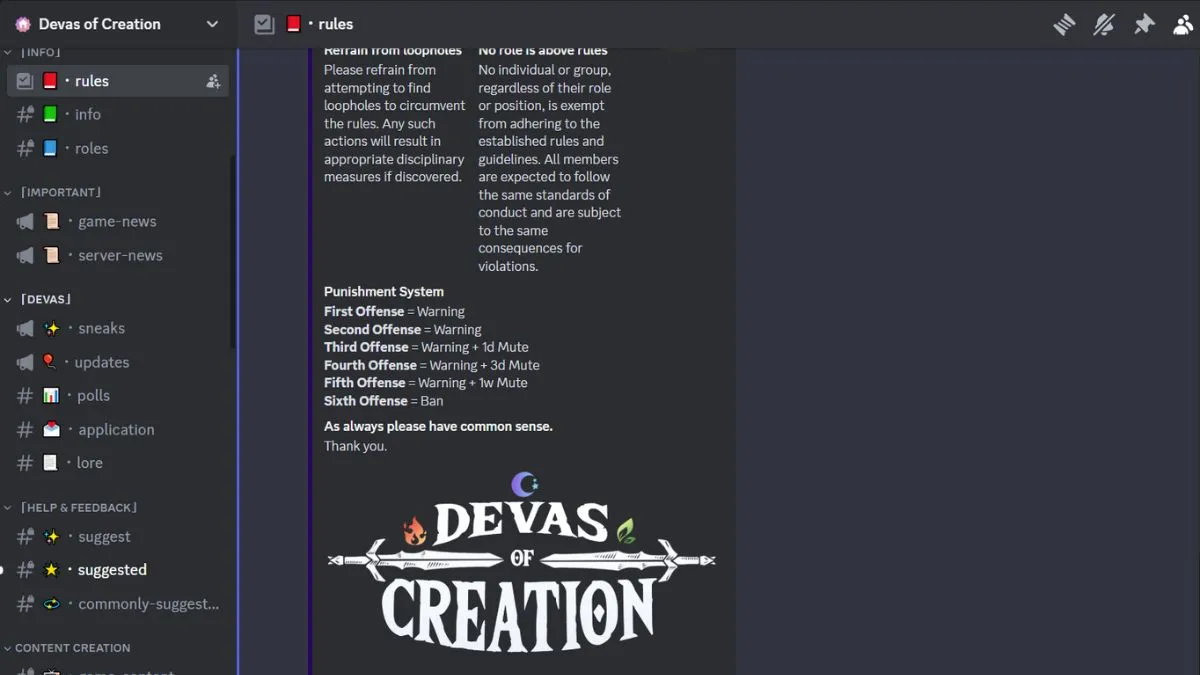 Chaîne Discord #rules des Dévas de la Création