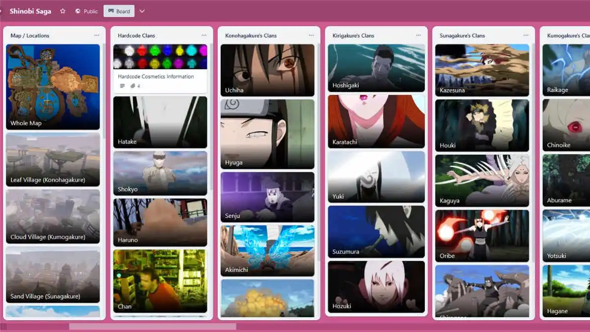 Cartes Trello de la saga Shinobi de Roblox