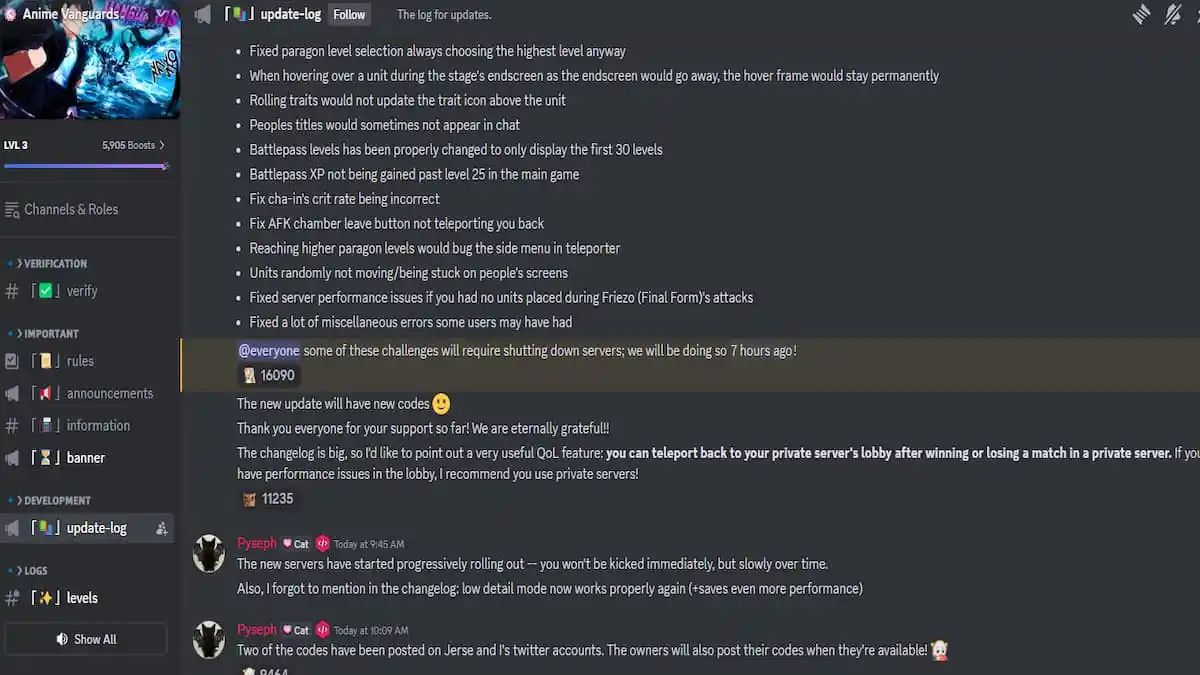 Chaîne Discord d'Anime Vanguards