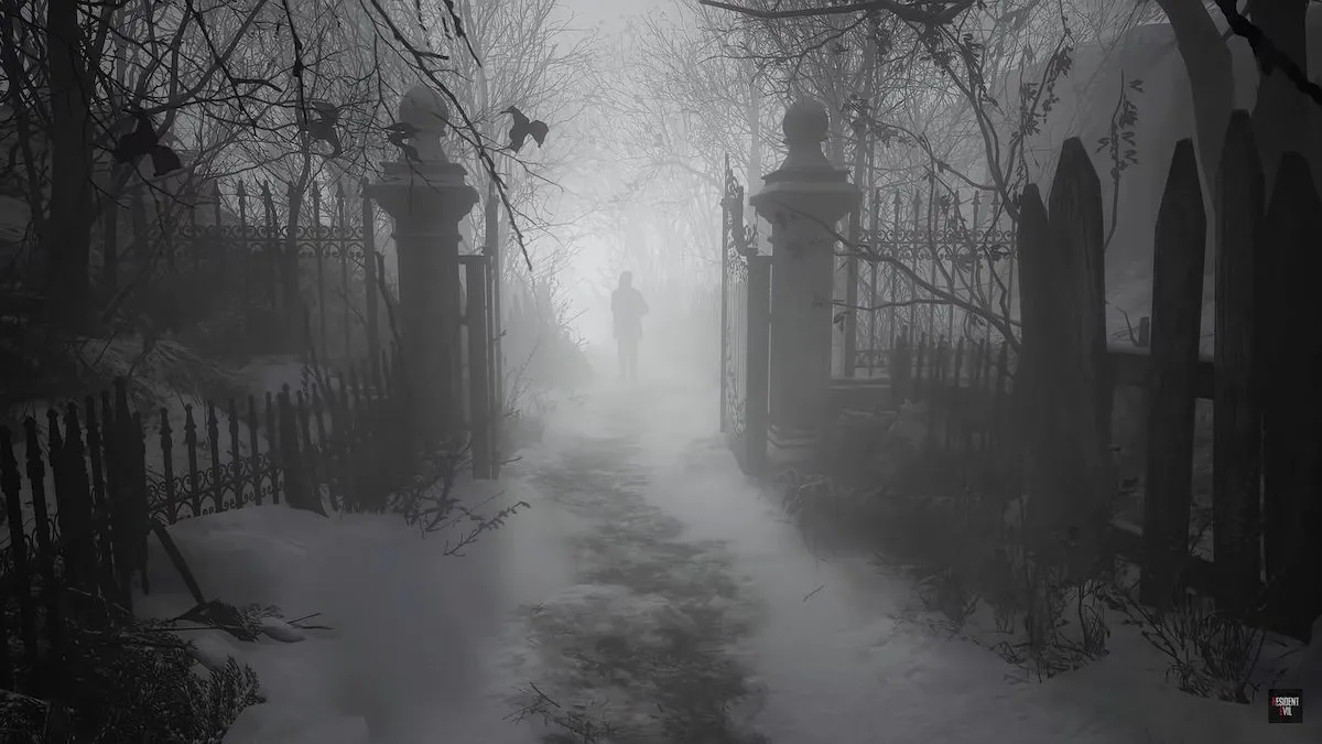 Une silhouette au loin couverte par le brouillard dans Resident Evil Village.