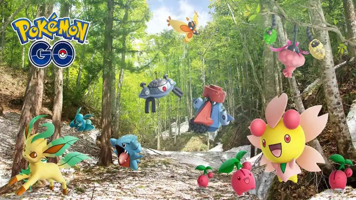 Pokémon, dont Magnezone, dans la forêt dans Pokemon GO.