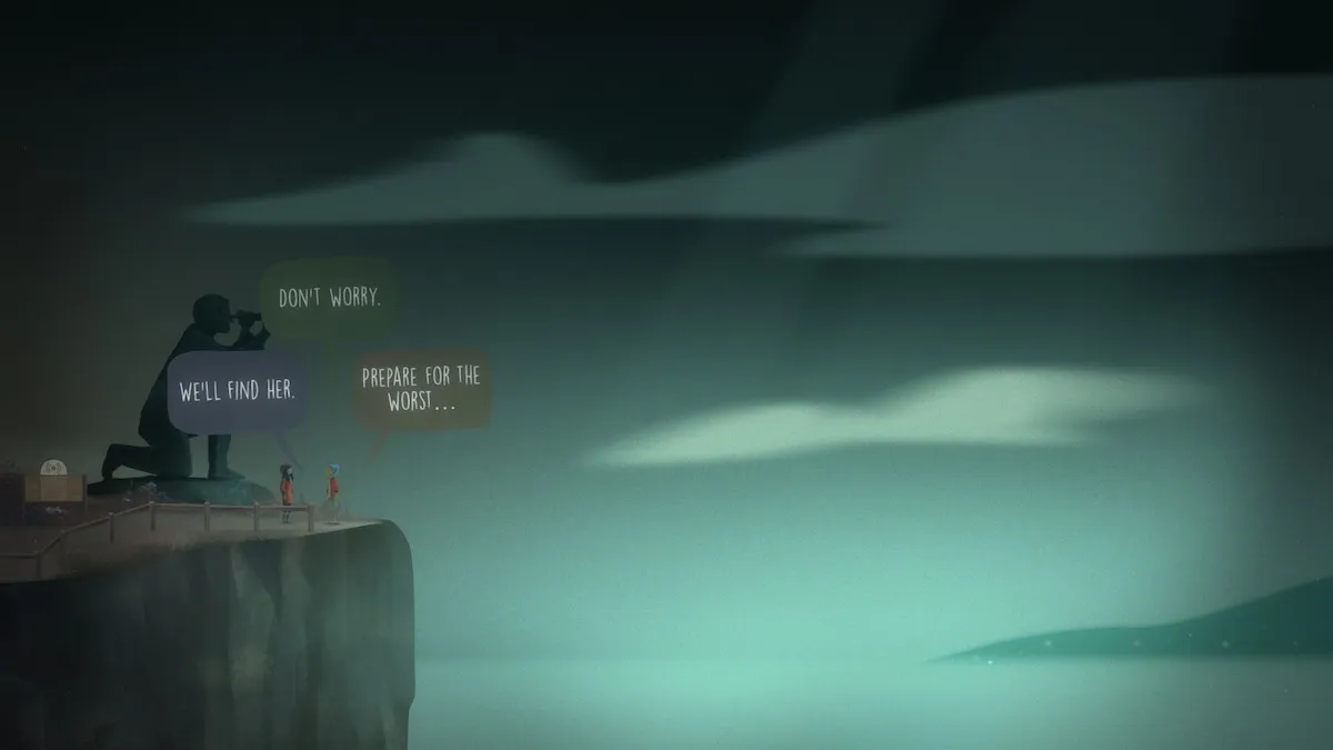 Personnages conversant sur une falaise dans OXENFREE.