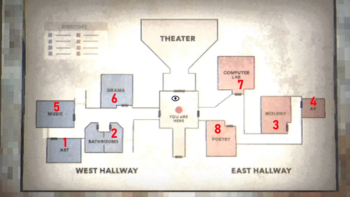 Une carte montrant l'ordre dans lequel progresser dans la section des salles de classe dans Fear the Spotlight.