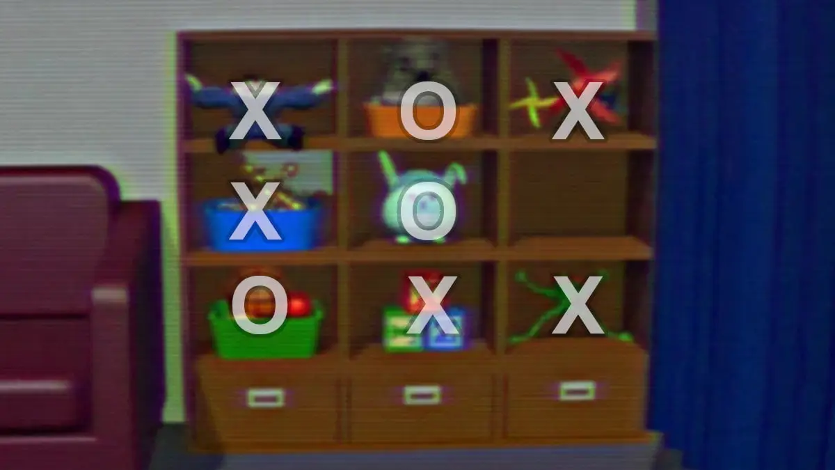 La configuration du tic-tac-toe dans la cassette Goodnight dans Amanda l'aventurière 2.