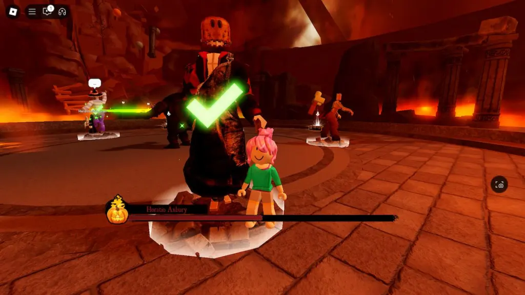 Un costume de méchant dans le combat de boss pour The Haunt sur Roblox.