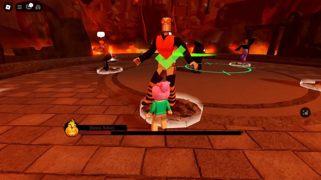 Un costume orange dans le combat de boss pour The Haunt sur Roblox.