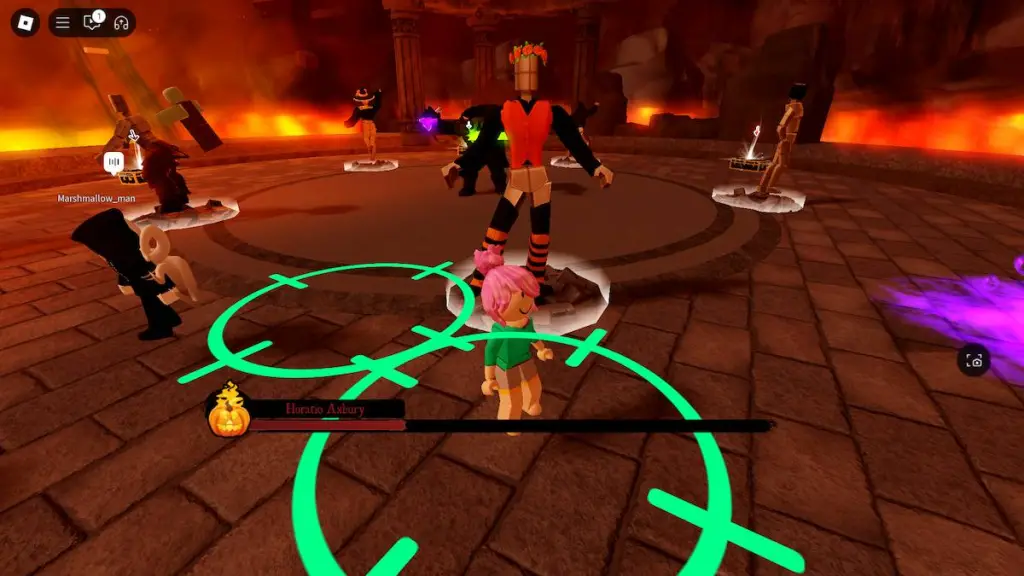 Un costume orange dans le combat de boss pour The Haunt sur Roblox.