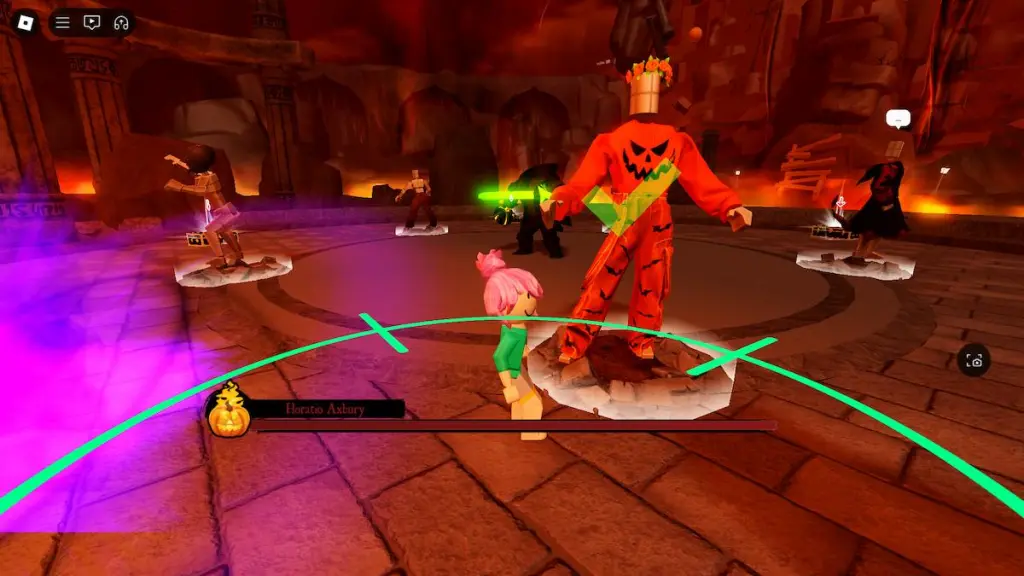 Un costume orange dans le combat de boss pour The Haunt sur Roblox.