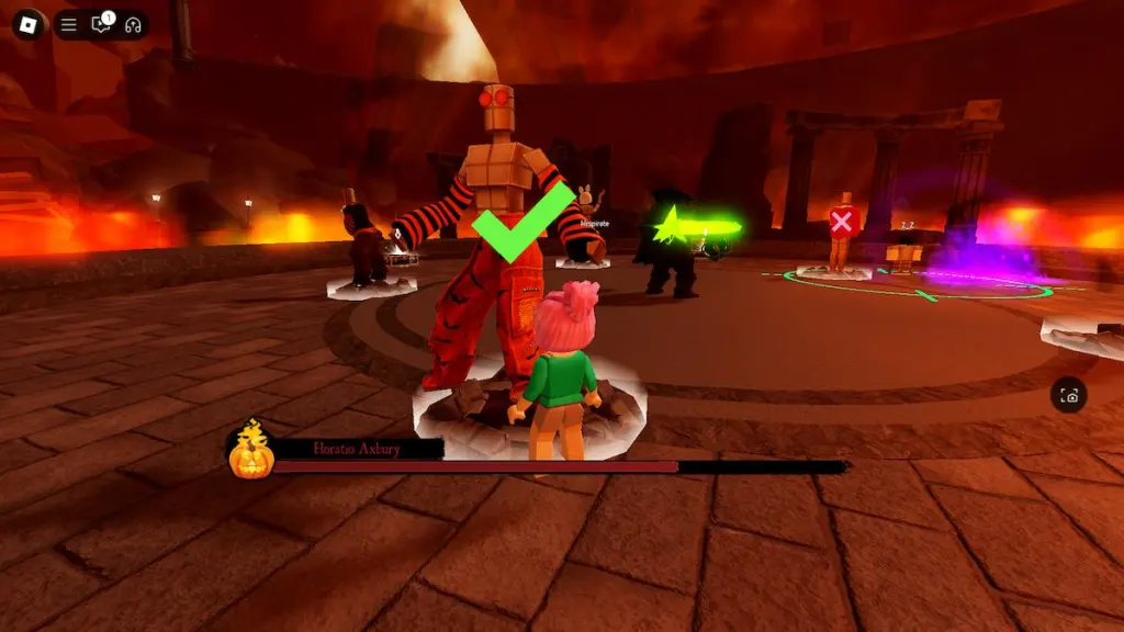 Un costume orange dans le combat de boss pour The Haunt sur Roblox.