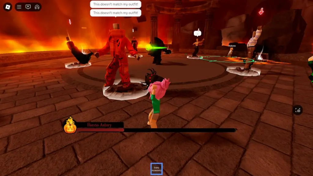 Un costume orange dans le combat de boss pour The Haunt sur Roblox.