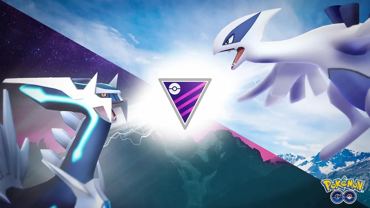 Dialga et Lugia avec un badge Master League entre eux pour Pokemon GO.