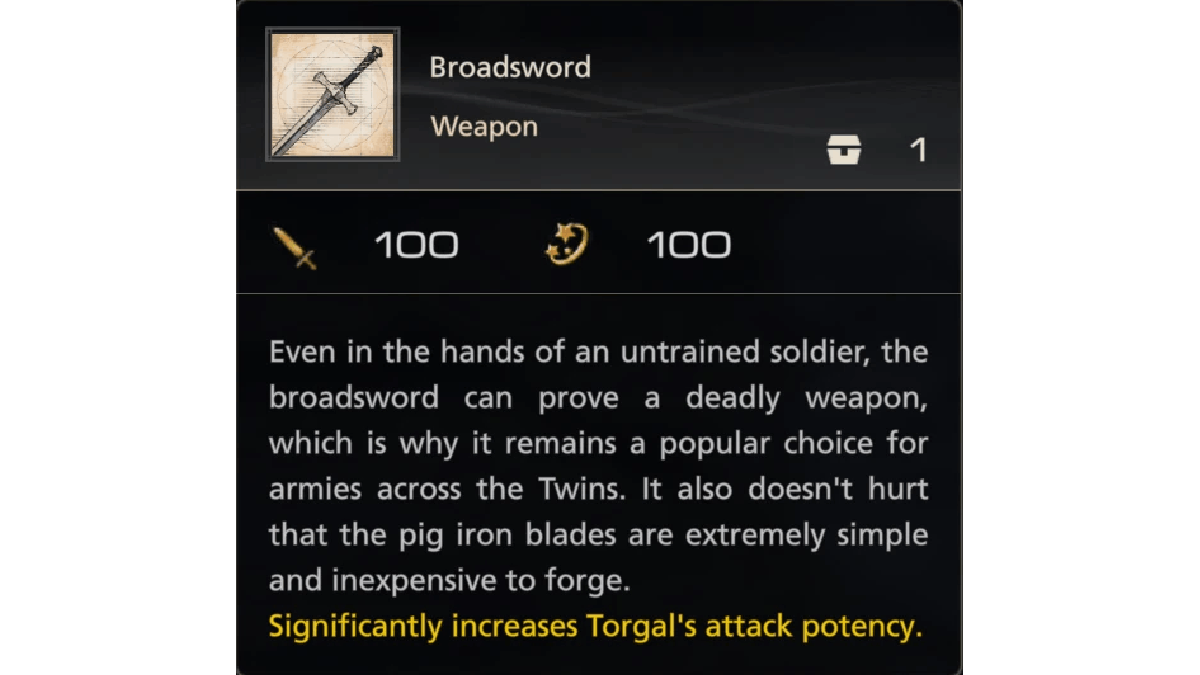 Description du Broadsword avec un effet modifié qui augmente la puissance d'attaque de Torgal dans Final Fantasy XVI.