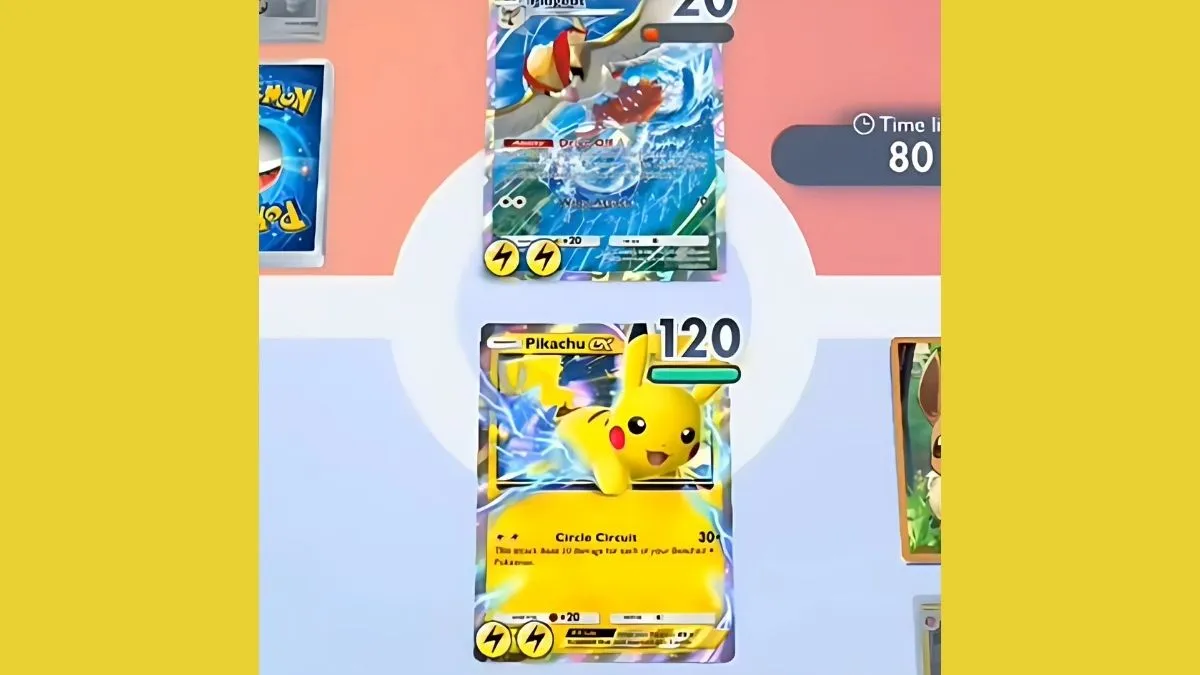 Pikachu EX contre Pigeot dans Pokemon TCG Pocket.