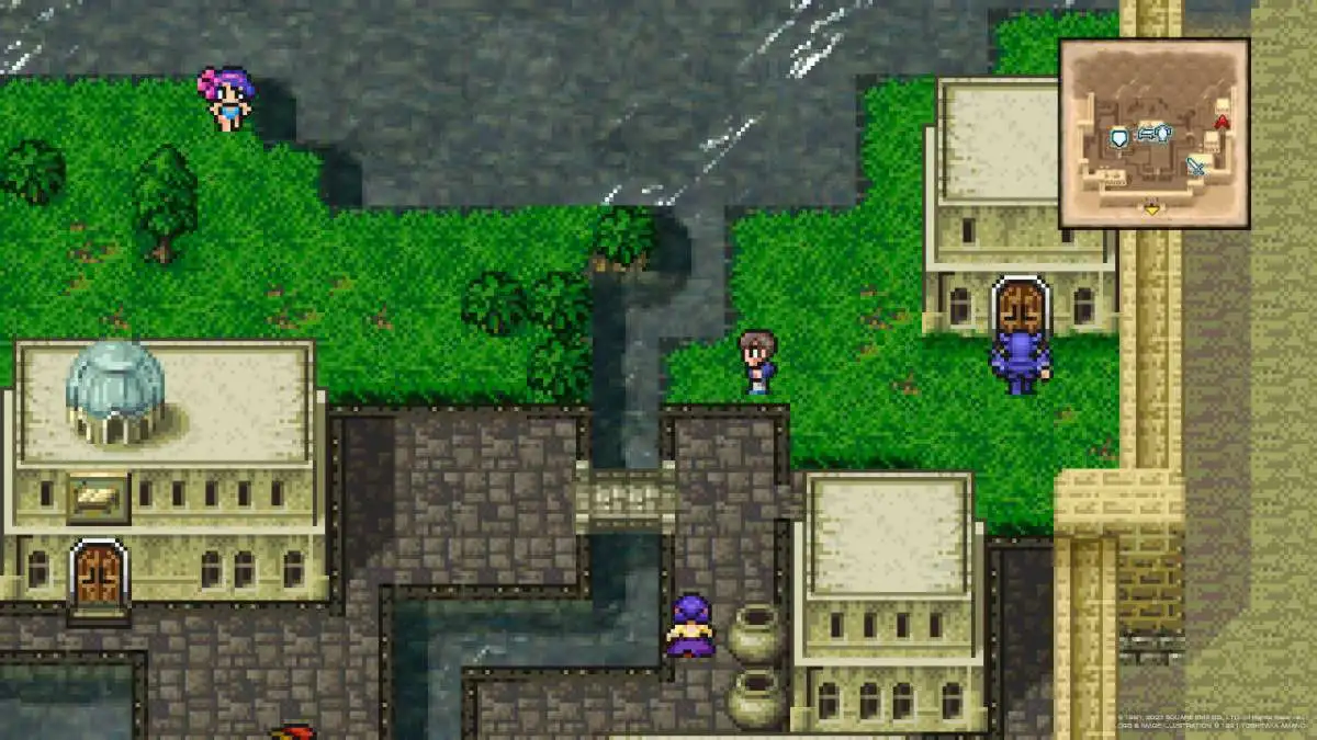 Cecil Harvey debout devant l'entrée d'une maison Kaipo dans Final Fantasy IV.