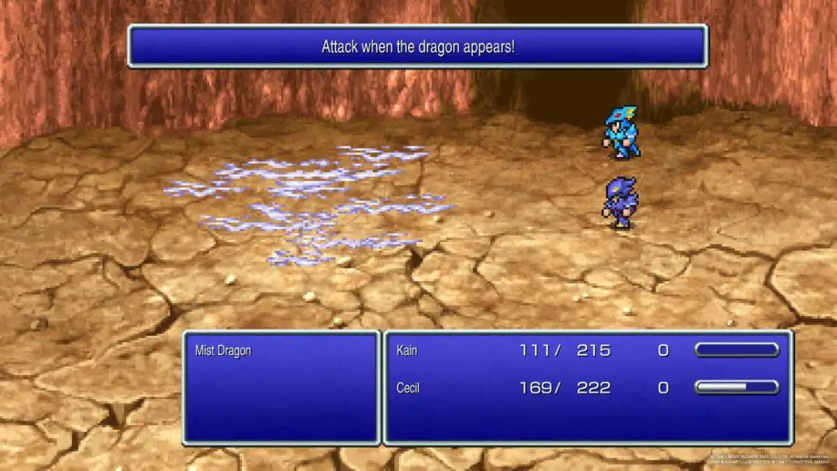 Cecil et Kain combattent le Dragon de Brume sous forme de brume dans Final Fantasy IV.