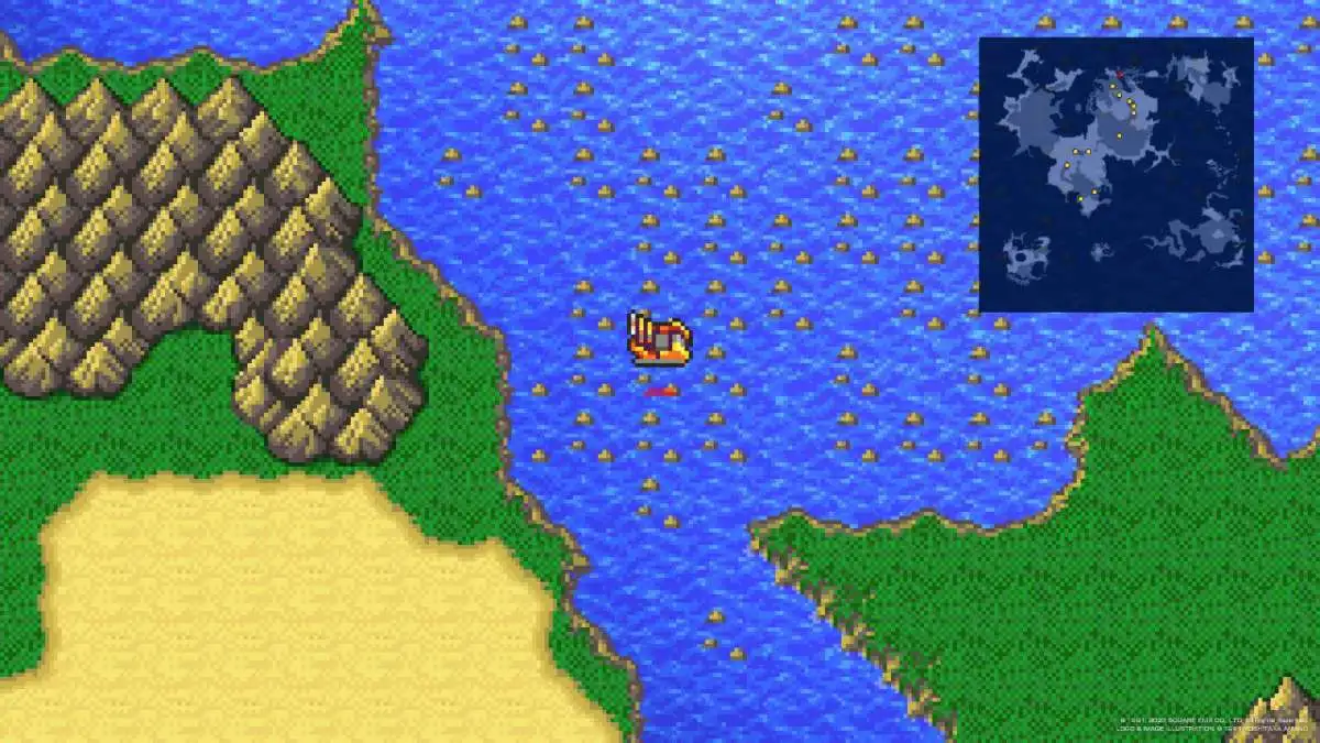 L'aéroglisseur d'Edward survole des eaux rocheuses dans Final Fantasy IV.