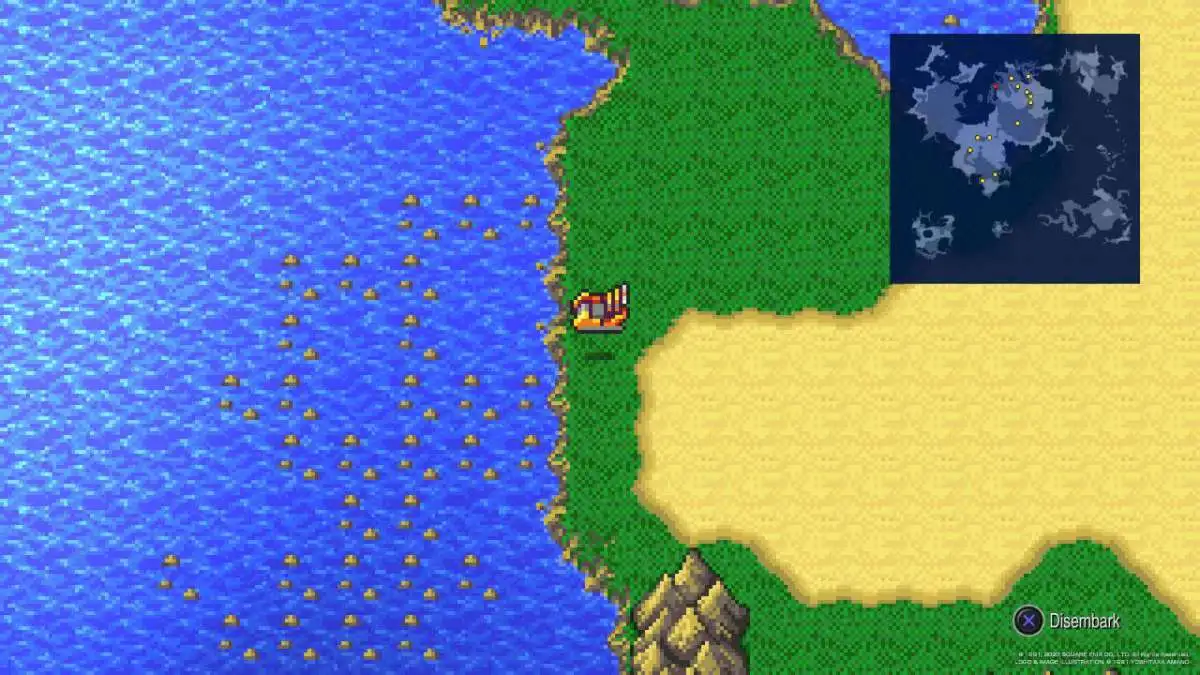 L'aéroglisseur d'Edward flotte au-dessus de la côte, sur le point d'entrer dans le chemin océanique menant à Kaipo dans Final Fantasy IV.