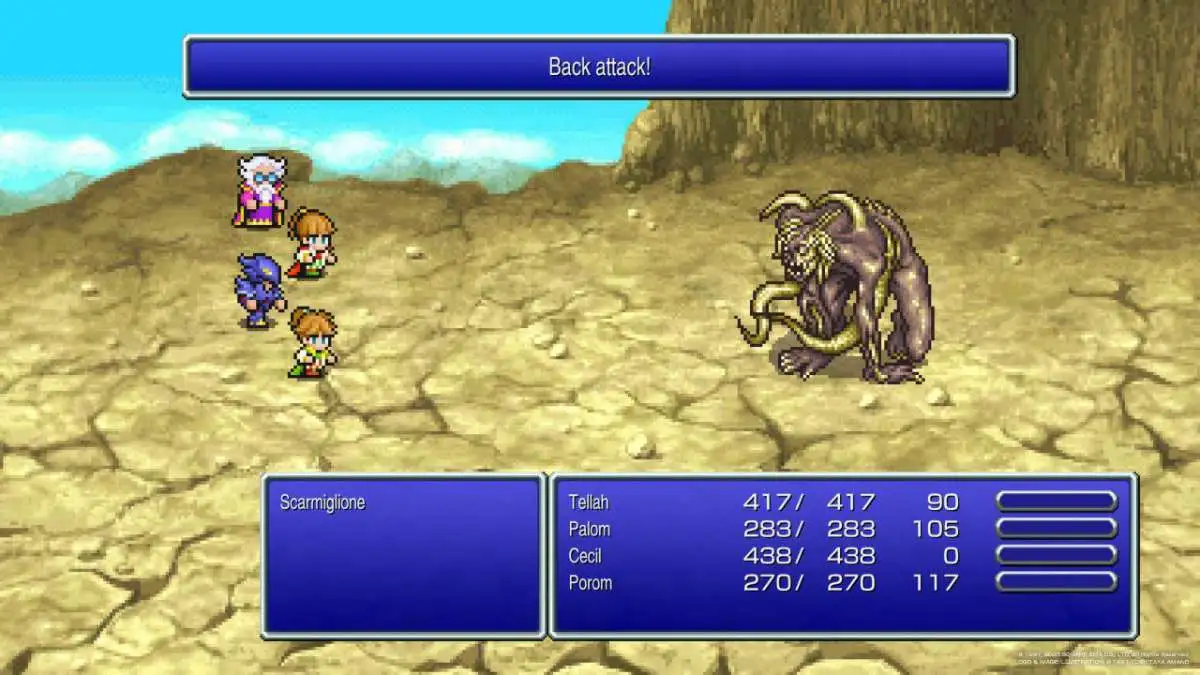 Cecil, Tellah, Palom et Porom combattent la véritable forme de Scarmiglione dans Final Fantasy IV.