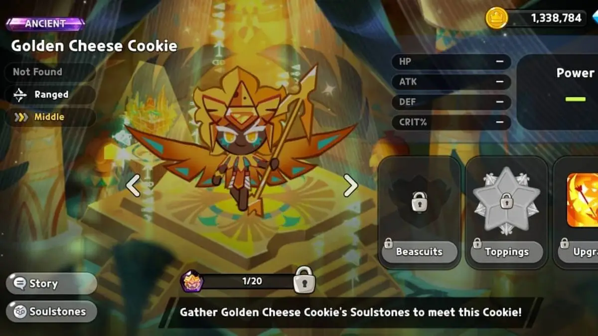 Écran de caractères pour le cookie Golden Cheese dans CRK.