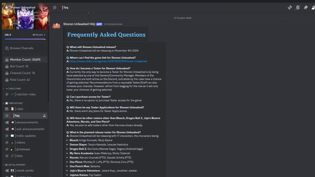 Page FAQ sur Discord de Roblox Shonen Unleashed