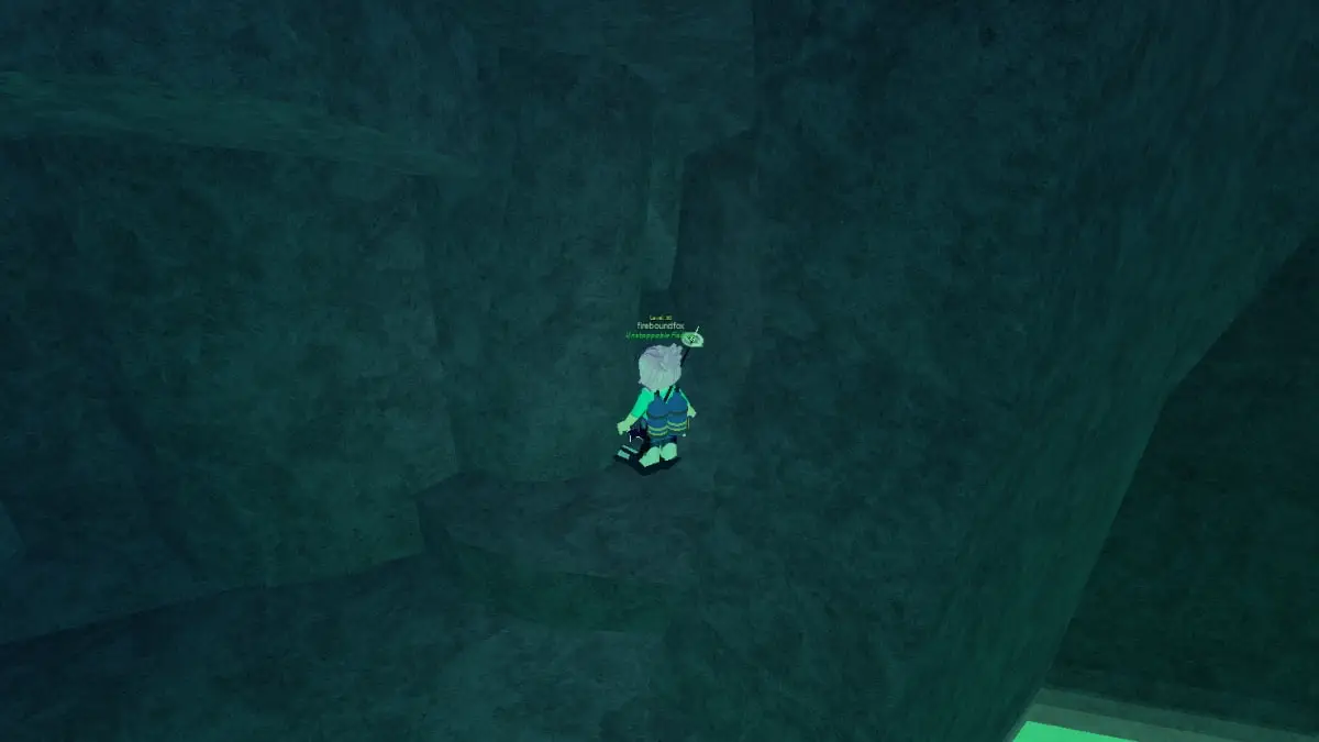 Personnage Roblox se trouvant dans une petite grotte près de la piscine de saumure à Roblox Fisch.