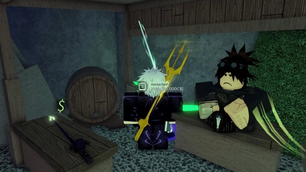 Joueur tenant une Aurora Rod dans Roblox Fisch.