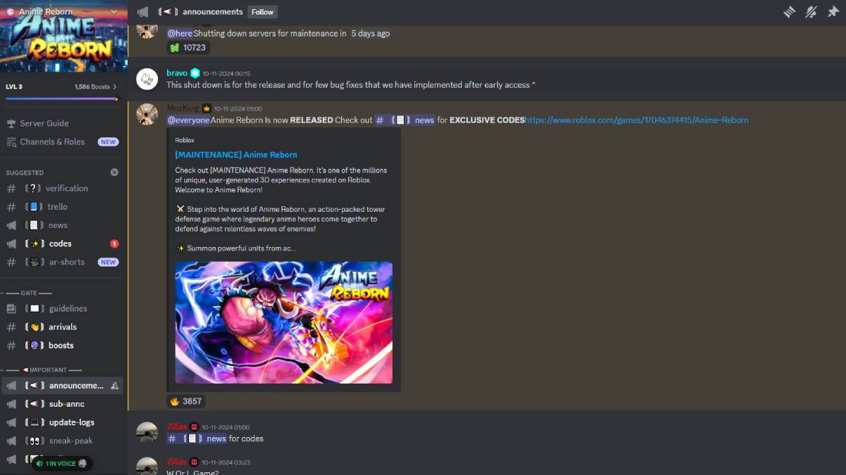 Section d'annonce du serveur Discord d'Anime Reborn