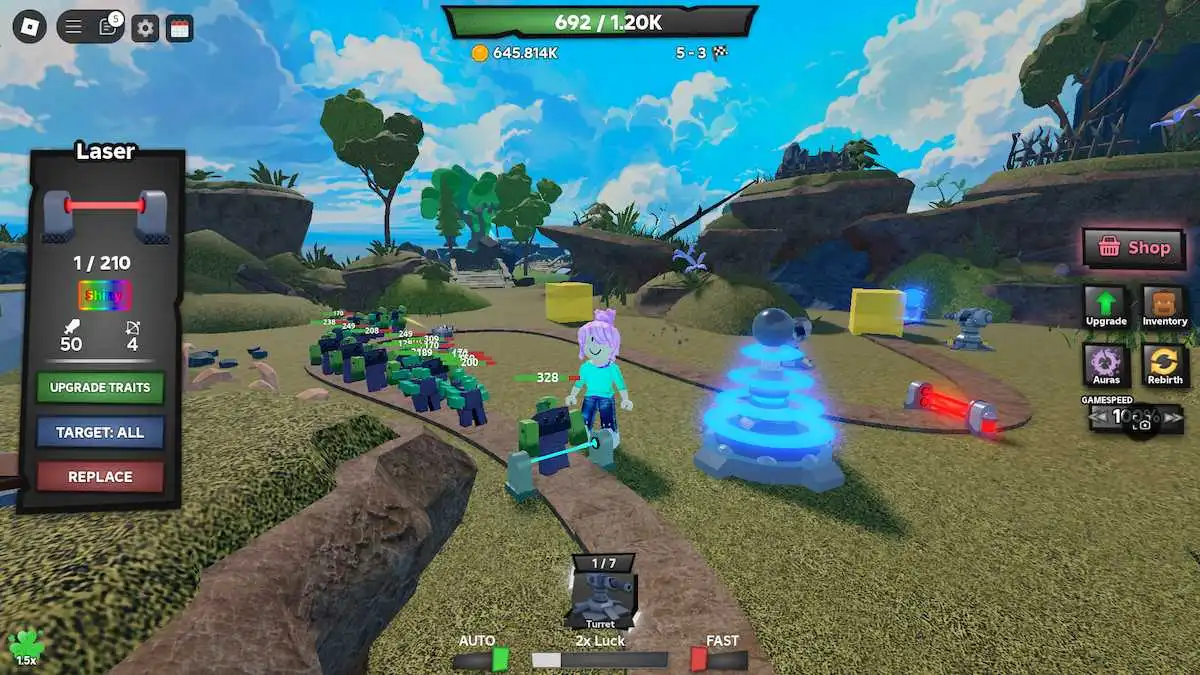 Un piège laser avec le trait Shiny dans Roblox Tower Defense RNG.